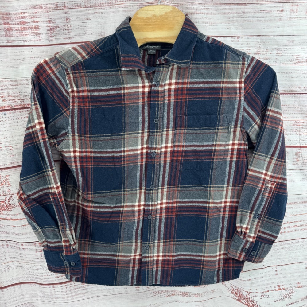 Eddie Bauer Flannel Shirt Mens Large Plaid Navy Blue Red Cotton Button Down